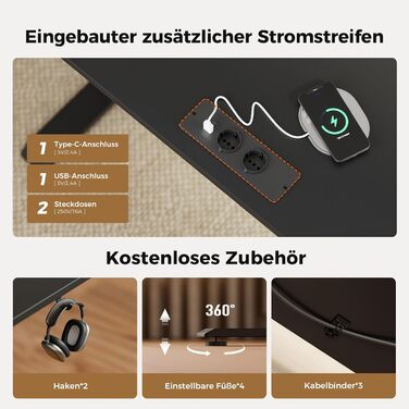 Електричний регульований стіл Agilestic з підсвічуванням, USB-портом та рухомим кріпленням для монітора, 140 x 60 см (Чорний)