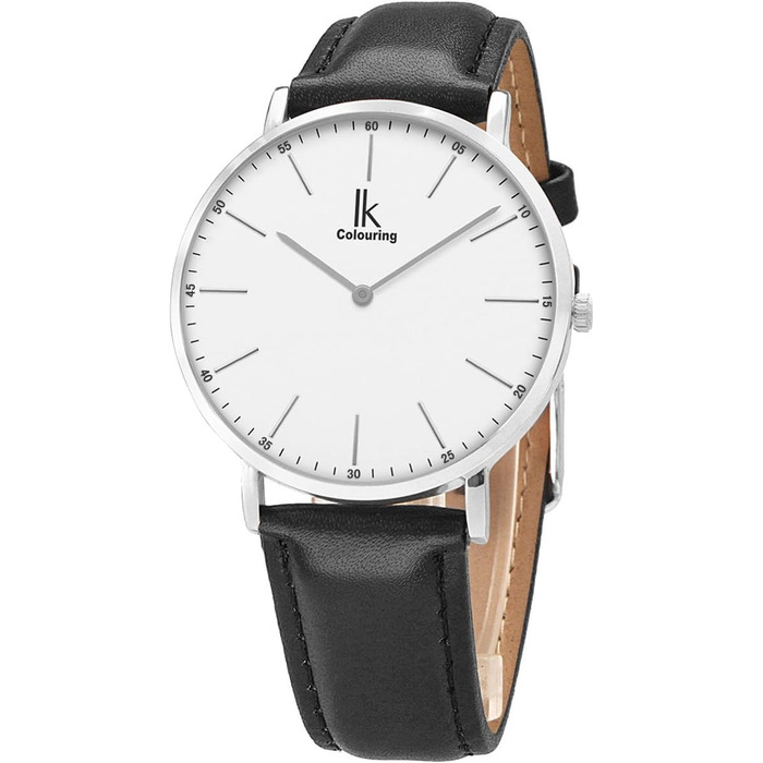 Годинник наручний Alienwork IK Slim Ø36mm для чоловіків та жінок, ультратонкий, шкіряний ремінець (срібло/срібно-білий/чорний шкіряний ремінець)