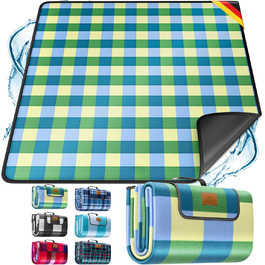 KESSER® Picnic Blanket Camping Blanket XXL 200 x 200 cm - Warm Insulated with Waterproof Bottom, Carrying Handle. Foldable Beach Blanket, Picnic Blankets for 4-6 People. Washable Picnic Blanket (Blue / Green)