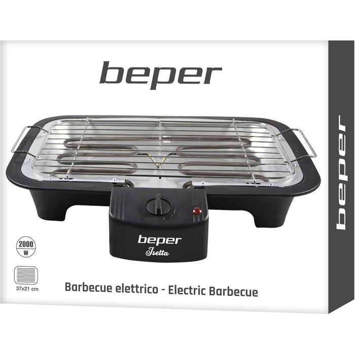BEPER Electric Grill with Glass Lid - Coated Grill Plate, Stainless Steel, Black (2000W)