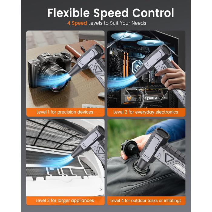 Електричний повітряний пилосос для чищення ПК - Air Duster 200000 RPM, 4-ступенева регулювання, акумуляторний міні-фен, для клавіатури, дому, авто