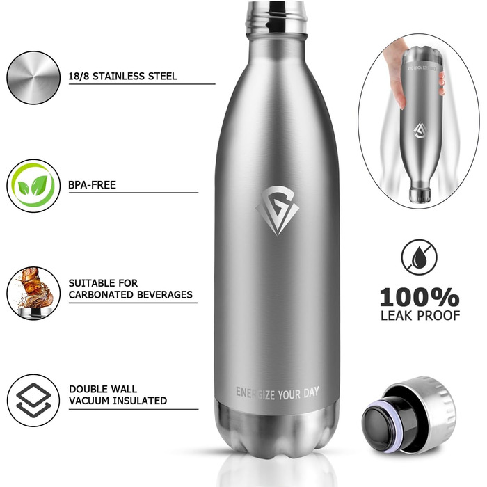 Термос-пляшка з нержавіючої сталі 1000 мл, без BPA, з подвійними стінками, для газованих напоїв, ізотермічна пляшка для кемпінгу, дітей, фітнесу, спорту, подорожей, хлопчиків та дівчаток 1000 мл