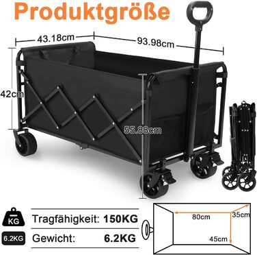 Візок складний Bollerwagen 150л, вантажопідйомність 150 кг, регульована ручка, позашляхові колеса для кемпінгу, саду, відпочинку 94x43x42 см