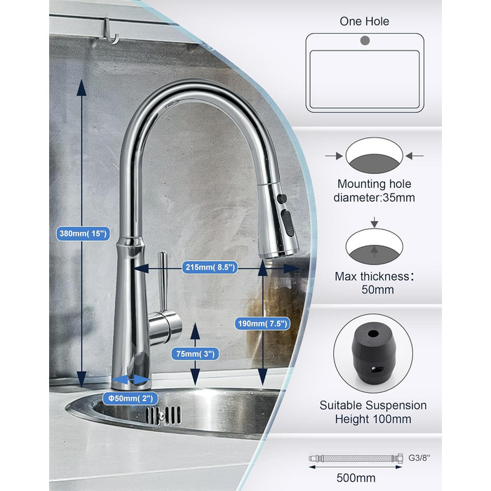 Змішувач кухонний iVIGA висувний з дощувачем, водоспад, 360° поворот, 3 режими, брашований нікель