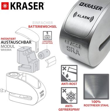 Мотозамок сигналізація KRASER KR10S, 120дБ, подвійний захист, диск-кліп, нержавіюча сталь, Ø10мм, протиугінний замок для мотоцикла, скутера, велосипеда