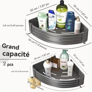 Поличка для душу без свердління - органайзер для ванної кімнати. Етажерка для душу та ванни з 4 гачками. Міцна алюмінієва поличка, водонепроникна з високим бортиком (Сірий)