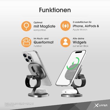 XLayer MagFix Pro 3 в 1 Зарядна станція MagSafe для iPhone 16/15/14/13/12, Apple Watch 5/6/7/8/9/SE/Ultra, бездротова, магнітна, складна, з підставкою