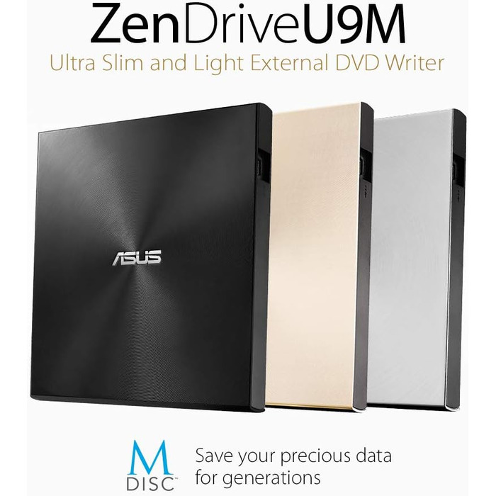 Зовнішній DVD-записувач Asus ZenDrive U9M з інтерфейсом USB-C та USB-A, чорний