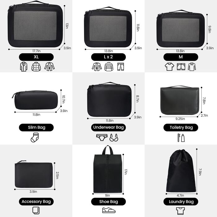 Органайзери для валізи Prezon - набір 8 шт., легкі, чорні