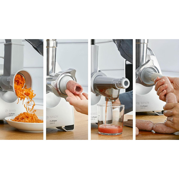 М'ясорубка Bosch MFW68660 сріблясто-чорна, 2200 Вт, насадки для ковбас, 4 тертки, 3 диски з нержавіючої сталі (3, 4.8, 8 мм)