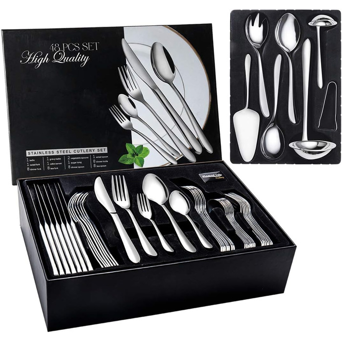 48-Piece Cutlery Set, 8 People, Stainless Steel Cutlery Set with Serving Cutlery, Dining Cutlery with Forks, Knives, Spoons, Serving Set, Polished, Dishwasher Safe