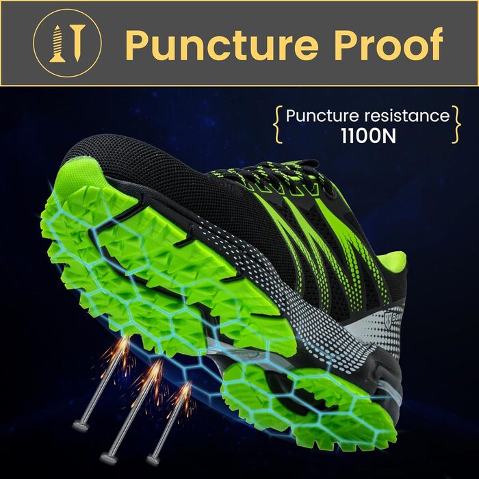 Робочі черевики Nasogetch для чоловіків та жінок. Безпечні черевики з металевим підноском, спортивного стилю, з антиковзкою підошвою, дихаючі, розмір 36-48 (39 EU, зелений)