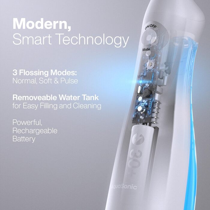 Aquasonic Aqua Flosser: професійний бездротовий ірigator для порожнини рота з 4 насадками, 3 режими, портативний (білий)