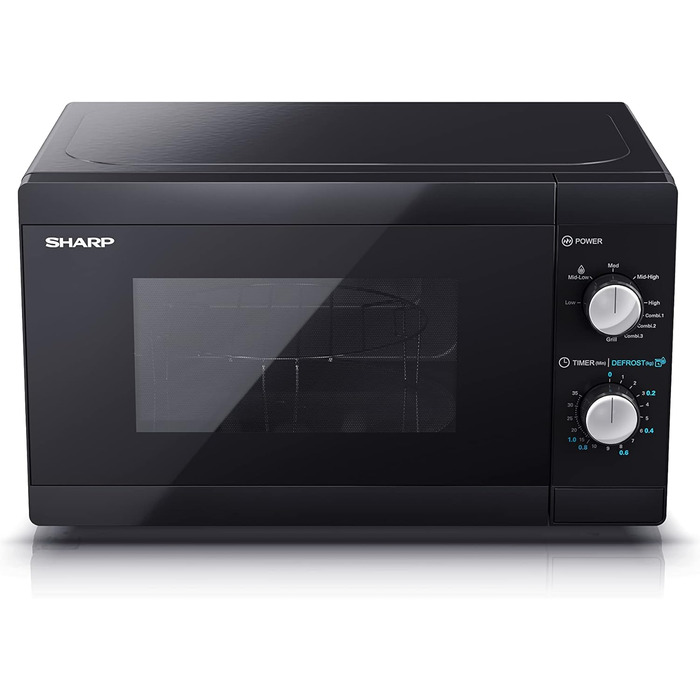 Мікрохвильова піч Sharp YC-MG01E-B з грилем, 20 л, 800 Вт, 1000 Вт гриль, ручне керування, чорна