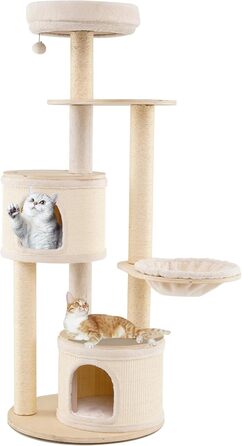 Дерев'яний кігтеточка для котів Costway 151 см з будиночком, гамаком та сизалевими стовпчиками