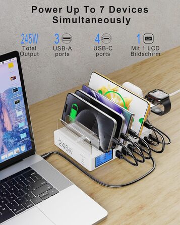 Зарядна станція 245W USB для 7 пристроїв з LCD-дисплеєм, кабелями та тримачем для iWatch, чорна - для iPhone, планшетів та іншої електроніки