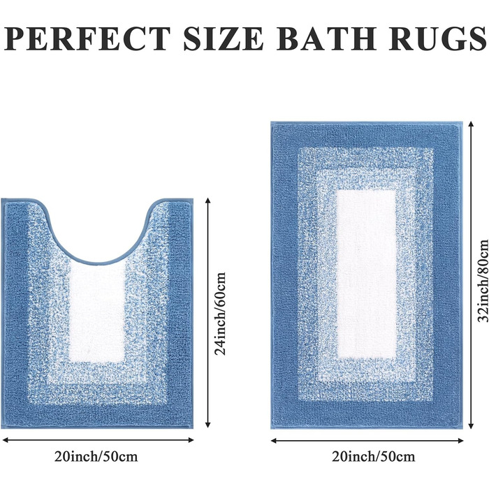 Enyhom Super Soft Microfiber Bath Rugs - Non-Slip, Absorbent, Machine Washable Bath Mats (50x80 + 50x60 cm, Blue)