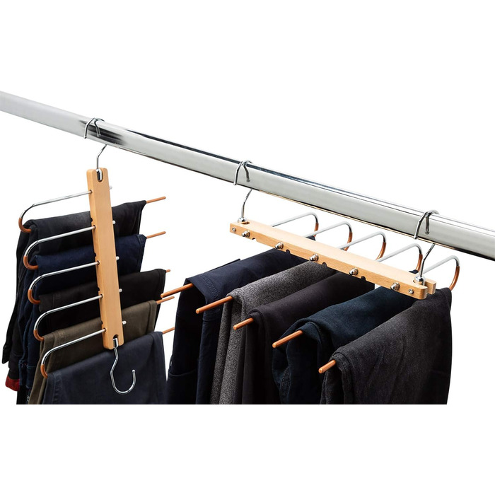 2 Pack Space-Saving Multi-Tiered Hanger - 5 in 1 Pants & Clothes Hanger Made of Wood and Stainless Steel Extendable - Foldable Multi-Hanger - Clothes Hanger Holder - Magic Pant Hangers