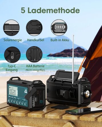 Радіо Roxicosly з ручним заводом та сонячною панеллю, 12000mAh Power Bank, AM/FM радіо для будівельних майданчиків, з ручним заводом та 5-ма способами живлення, приймач на весь світ, ліхтарик та зарядний пристрій, для відпочинку на природі, кемпінгу, надз