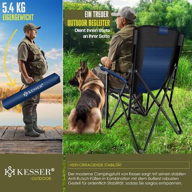 Крісло для кемпінгу KESSER® з високою спинкою, 160 кг, з підлокітниками, тримачем для напоїв та світлом, Navy Blue/Black