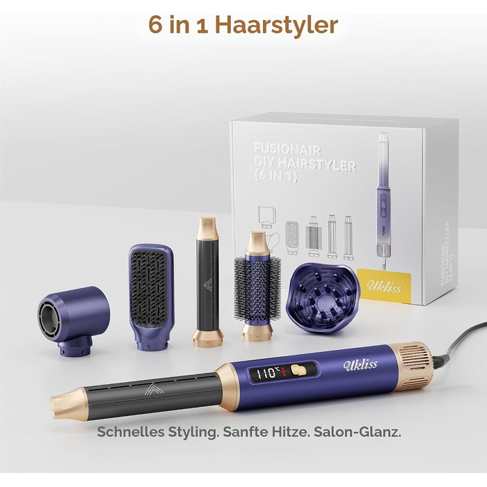 Мультистайлер для волосся 6 в 1 UKLISS Air Styler Set з дифузором, фен-щітка та вирівнювач для волосся, 1000 Вт, LCD-дисплей, Gold Blau