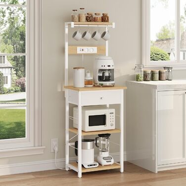 Полиця кухонна з розетками, стелаж для пекаря, підлоговий стелаж, 34 x 48 x 139 см, полиця для мікрохвильовки з ящиками, 4 гачки, для кухні, вітальні, їдальні, чорний/білий ABRHR48UE01