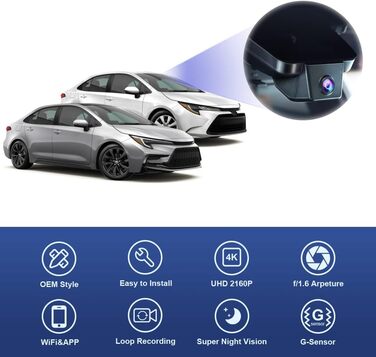 Автомобільний відеореєстратор Fitcamx 4K для Toyota Corolla Hybrid Hatchback 2023-2026 (LE, SE, XLE, XSE), OEM стиль, WiFi, G-сенсор, нічна зйомка, WDR, Plug&Play, з карткою пам'яті 64GB