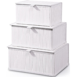 Honeycomb Storage Basket with Lid, Woven - Bamboo Decor Storage Boxes, Set of 3 Rattan Basket with Lid Woven Fabric Insert for Bathroom Kitchen Shelf Organization (Large/Medium/Small) (White)