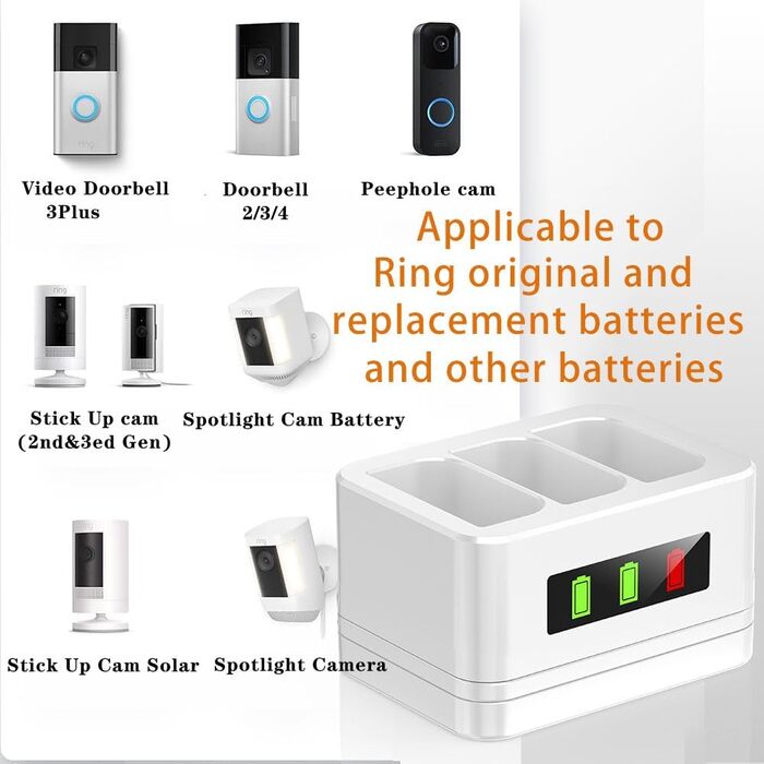 Зарядний пристрій для акумуляторів Ring (3 шт., 3.65V, 6040mAh) з LED-дисплеєм та Type-C кабелем, сумісний з Ring 2/3/4/Plus/Spotlight/Stick Up Cam
