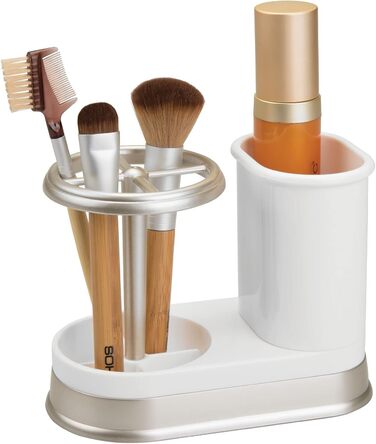 mDesign Toothbrush Holder - high-quality toothbrush holder made of plastic for bathroom sink or vanity cabinet - practical holder for toothbrushes and toothpaste - white and matte silver