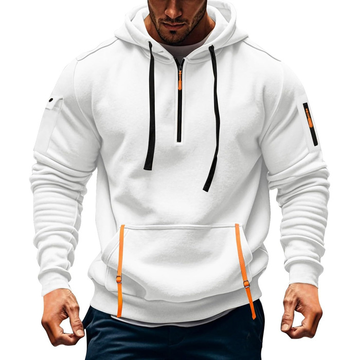 Світшот чоловічий з капюшоном на половинну застібку, вінтажний, базовий, з довгими рукавами, оверсайз, великі розміри, армійський, з кількома кишенями (4XL, #7white)