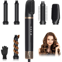 Набір для укладки Journeyside Airstyler: щітка-фен, плойка, випрямляч, 5 насадок, 1000W, чорний та золотий