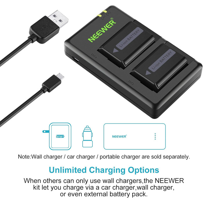 NEEWER NP-FW50 Зарядний комплект акумуляторів для камер Sony (2 шт., 1100mAh, Micro USB)