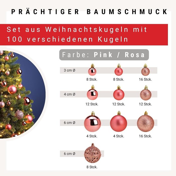 Набір прикрас для ялинки WOMA: 100 кульок різних кольорів (рожевий-рожевий) - пластикові, для ялинки