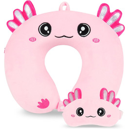 Дитяча подушка для подорожей з маскою для сну, м'яка подушка для шиї з Memory Foam, для дітей, хлопчиків та дівчаток, підлітків, аксесуари для подорожей, подушка для шиї (Аксолотл)