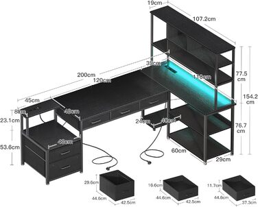 Комп'ютерний стіл Coleshome L-подібний з 5 ящиками та 4 полицями, 180x100 см, з LED-підсвічуванням, розетками та USB, для дому та офісу, білий/чорний