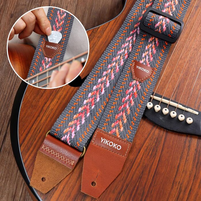 Гітарний ремінь 5,1 см з бавовни, з шкіряними кінцями для бас-, електро- та акустичних гітар (Сірий)