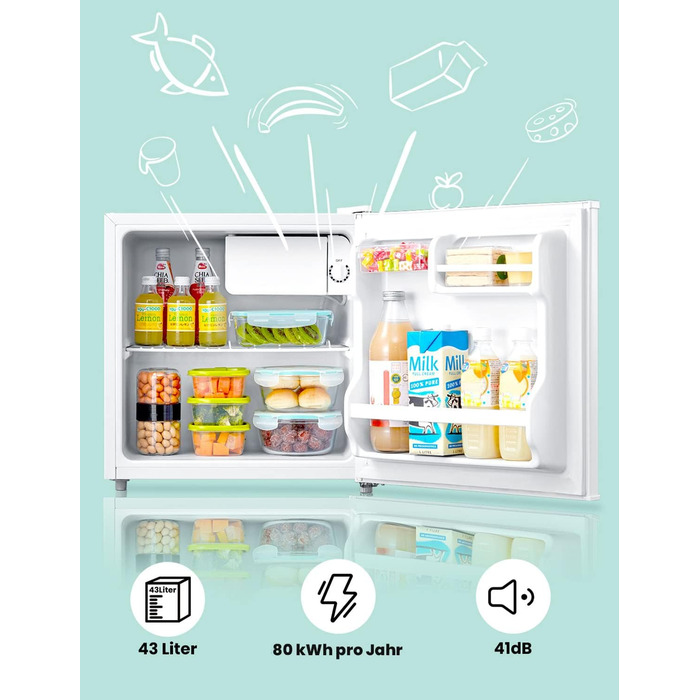 Міні-холодильник Comfee RCD50WH2(E) 43L з відділенням для льоду, білий. Холодильник для кімнати та офісу, швидке охолодження, регулювання температури, енергоклас E.