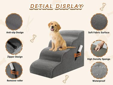 Сходинки для собак та котів ROMROL – 4 сходинки, сірий колір, з м'яким Memory Foam, для захисту суглобів, знімний та миючий чохол