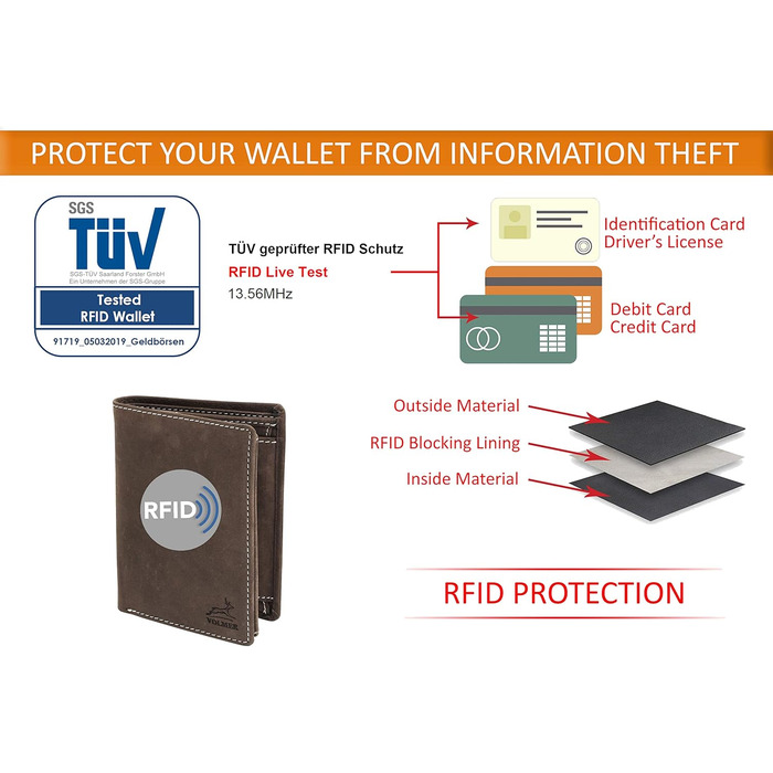 Fa.Volmer ® Leather Wallet for Men with RFID Protection - soft suede, light stitching - 12 card slots - Portrait format - Brown