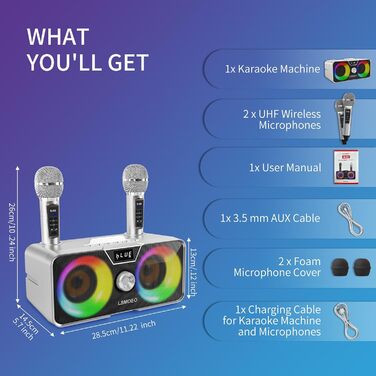 Портативна караоке-машина з Bluetooth, 20W, 2 бездротові мікрофони, PA-система для дому, вечірки, церкви, пікніка, відпочинку на природі (сіра)
