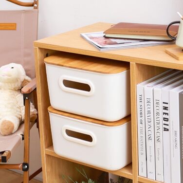 Kerhouze 2 PCS Storage Box with Bamboo Lid White Storage Plastic Box for Organization Stackable Storage Boxes with Handle for Kitchen Bathroom 38.4 * 27 * 15.2cm, 13L