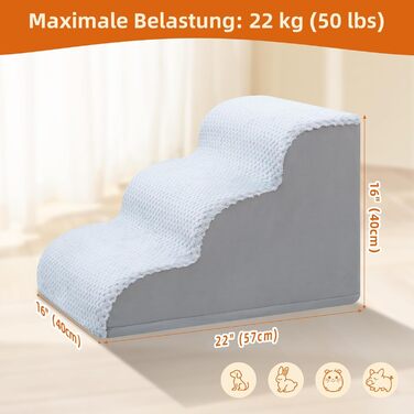 Східці для собак KSIIA на 3 сходинки, 40 см, сірі. Ідеально для маленьких собак та котів, підходять для ліжка, дивану, софи та авто. Розміри: 40x57x40 см