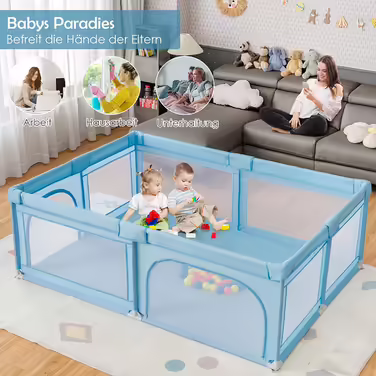 COSTWAY 205 x 147cm Playpen for Baby with Mattress, Foldable Baby Playpen, Playard with 50 Balls, 2 Doors, Breathable Mesh & Zipper, Play Tent for Infants & Toddlers (Dark Grey)