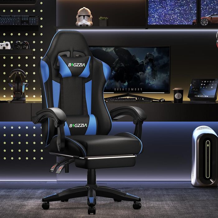 Ігрове крісло Bigzzia Ergonomic Gaming Stuhl з підставкою для ніг та функцією масажу, синій