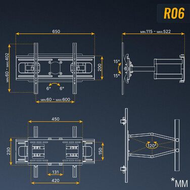Кріплення для телевізора RICOO R06, поворотне, для телевізорів 40-75 дюймів, до 95 кг, VESA 600x400 мм