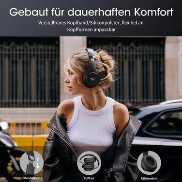 DOQAUS Bluetooth навушники Over-Ear, 90 годин роботи, Bluetooth 5.3, бездротові навушники з мікрофоном, HiFi стерео звук, глибокий бас, для телефону, подорожей, чорний