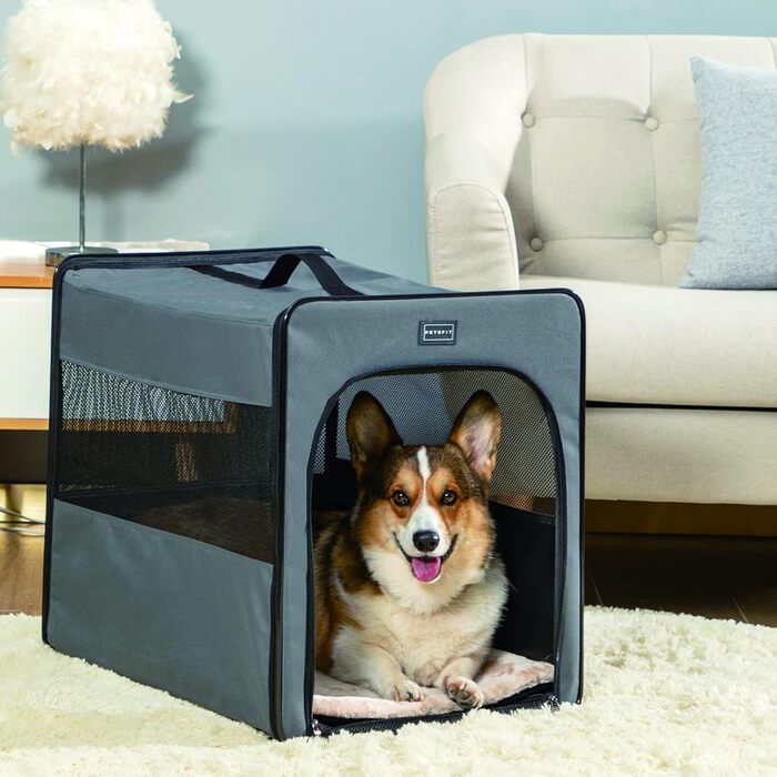Транспортна переноска для собак Petsfit, сіра, M (61x46x53.5 см) з м'якою підстилкою