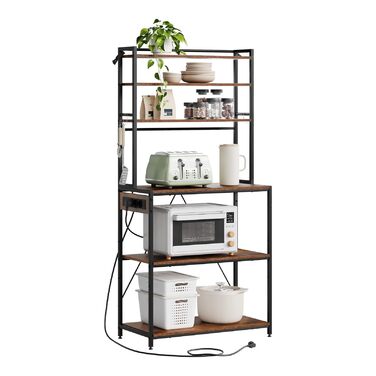 Кухонна полиця WOLTU з 6 ярусами, з розетками, для мікрохвильової печі, з металевим каркасом, регульовані полиці, Чорний+Рустик Браун, 60 x 167 x 40 см (Чорний+Вінтаж Браун, 80 x 39,5 x 167 см)
