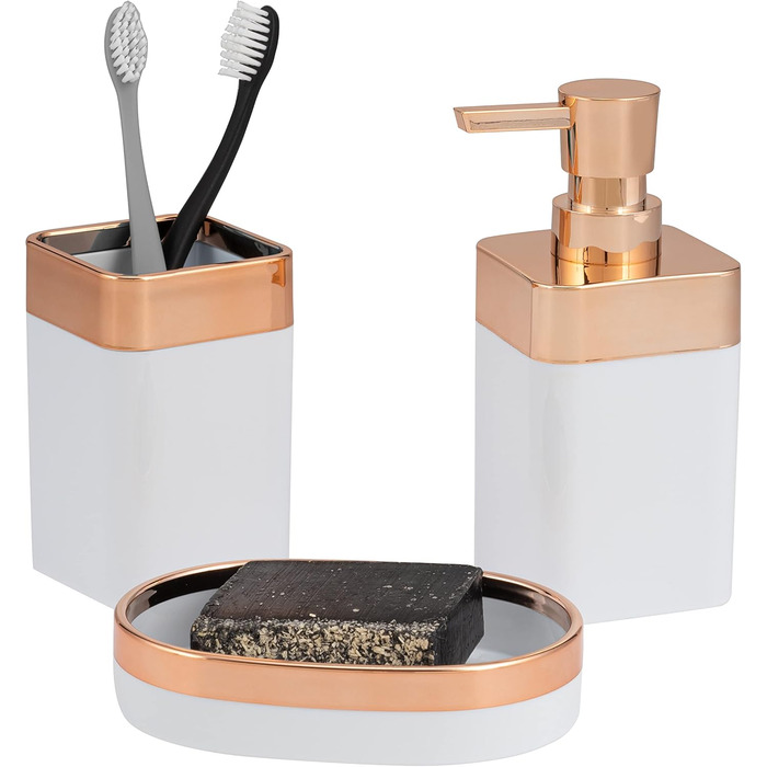 Набір для ванної кімнати Bremermann Savona 3-TLG, пластик, білий-рожезолотий: мильниця, дозатор мила, стакан